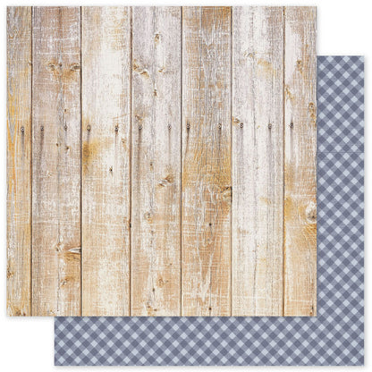 Wooden panel and blue gingham checkered paper