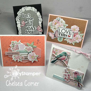 Four handmade cards for the June 2026 Saturday Morning Crafting LIVE session with Inky Stamper.