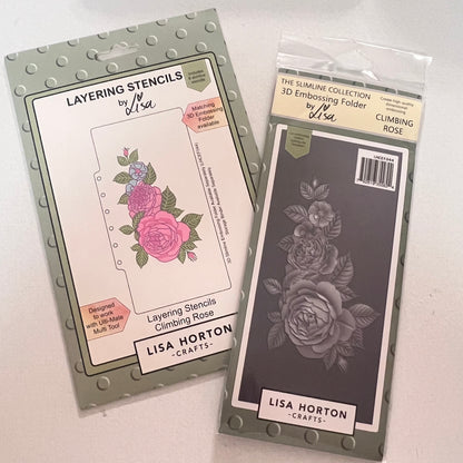 Two craft tools from Lisa Horton Crafts: a Layering Stencils set featuring a climbing rose design, and a 3D Embosxing Folder in the same climbing rose design, both in their retail packaging on a light off-white background.