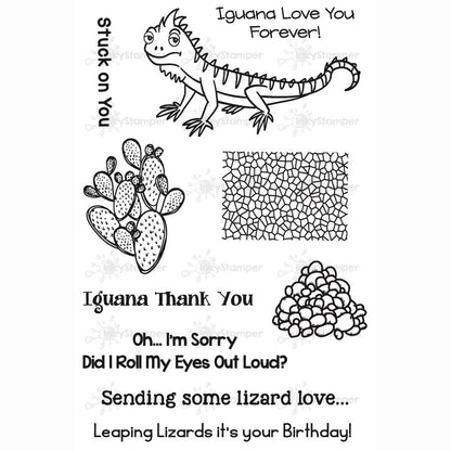 InkyStamper stamp Set of clear stamps with an iguana, cactus, and text on a white background