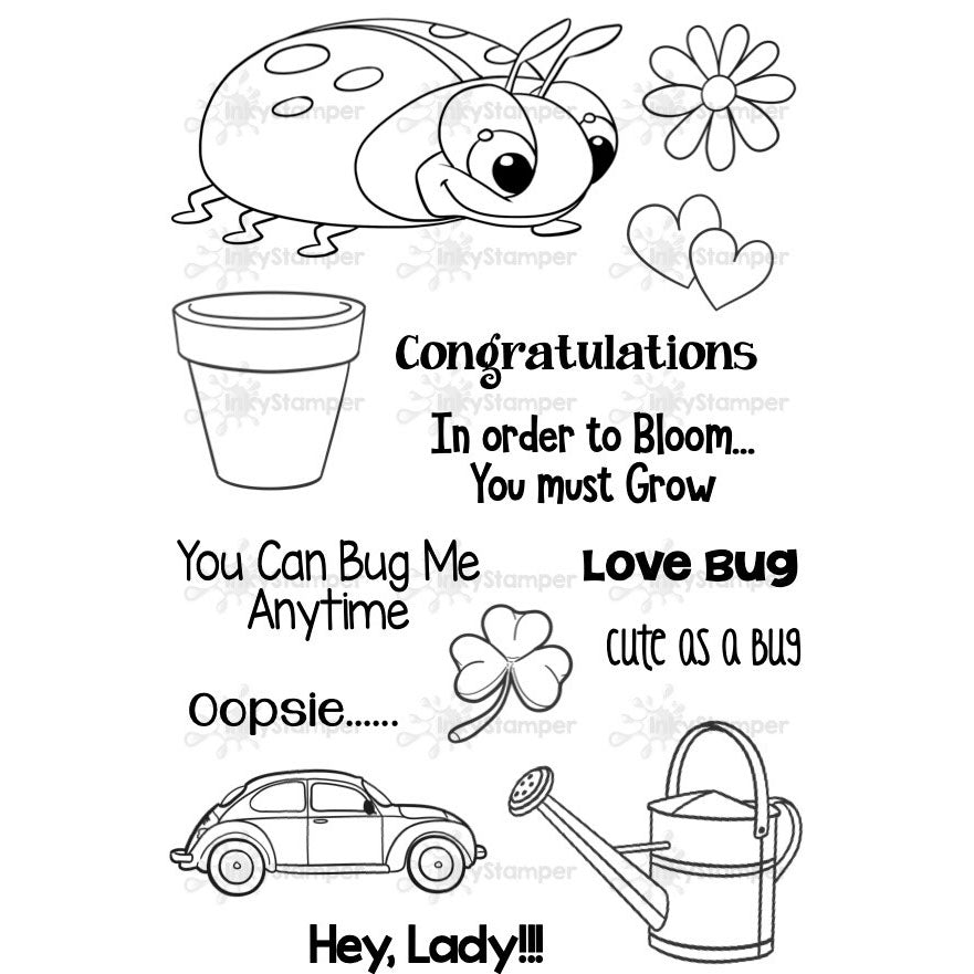 InkyStamper stamp Set of black line art illustrations with text on a white background Ladybug