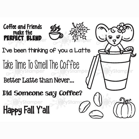 InkyStamper stamp Set of black line art graphics with coffee latte themed text and illustrations on a white background.