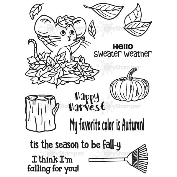 InkyStamper stamp Set of autumn-themed stamps with text and illustrations on a white background