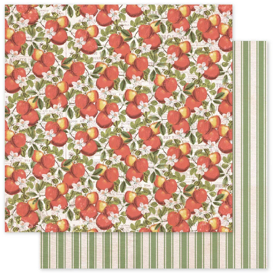 A sheet of patterned paper with a dense print of red apples, green leaves, and small white flowers, layered over a second sheet with vertical sage green and cream stripes.