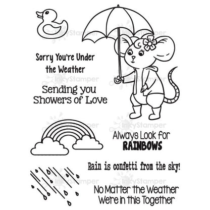 InkyStamper stamp set Black and white illustration of a mouse with an umbrella, rainbow, and text on a white background. Rainy day