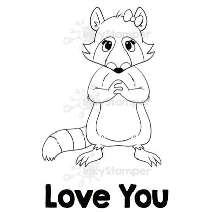 InkyStamper stamp Cartoon raccoon with a bow and 'Love You' text on a white background