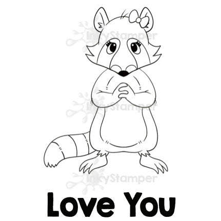 InkyStamper stamp Cartoon raccoon with a bow and 'Love You' text on a white background