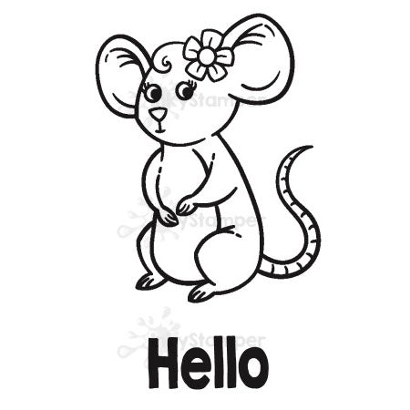 InkyStamper stamp set Cartoon mouse with a bow and 'Hello' text on a white background Rosie