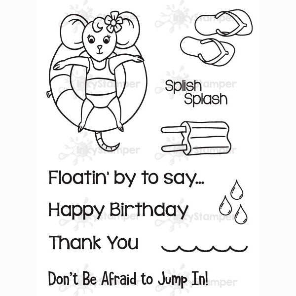 InkyStamper stamp Black and white illustration of a mouse girl with a life buoy, flip-flops, and ice cream with text on a white background. Rosie