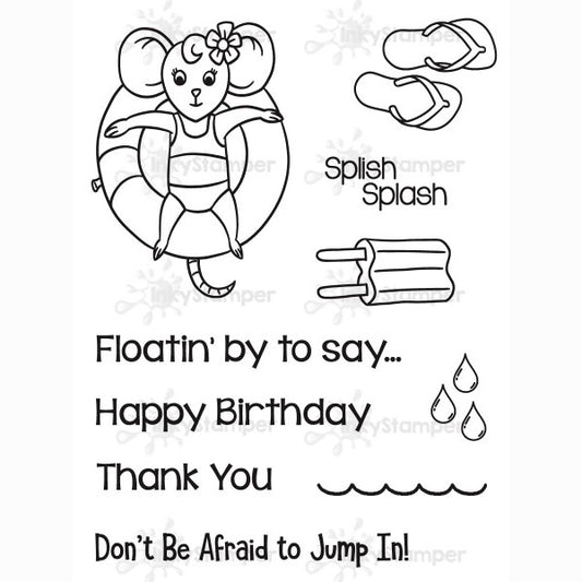 InkyStamper stamp Black and white illustration of a mouse girl with a life buoy, flip-flops, and ice cream with text on a white background. Rosie
