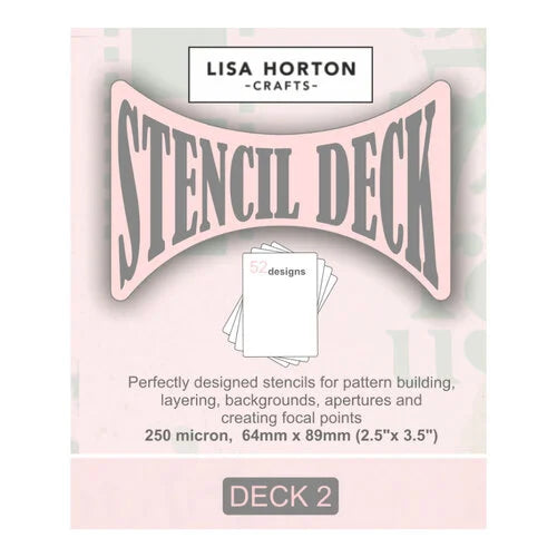 Front of a Lisa Horton Crafts Stencil Deck package, showing the product title in large gray letters on a pale pink background with a small stack of stencil sheets pictured in the center.