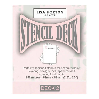 Front of a Lisa Horton Crafts Stencil Deck package, showing the product title in large gray letters on a pale pink background with a small stack of stencil sheets pictured in the center.