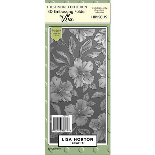 Lisa Horton Crafts 3D Embossing Folder from The Slimline Collection, featuring a gray and white hibiscus floral pattern on a light green textured cover.