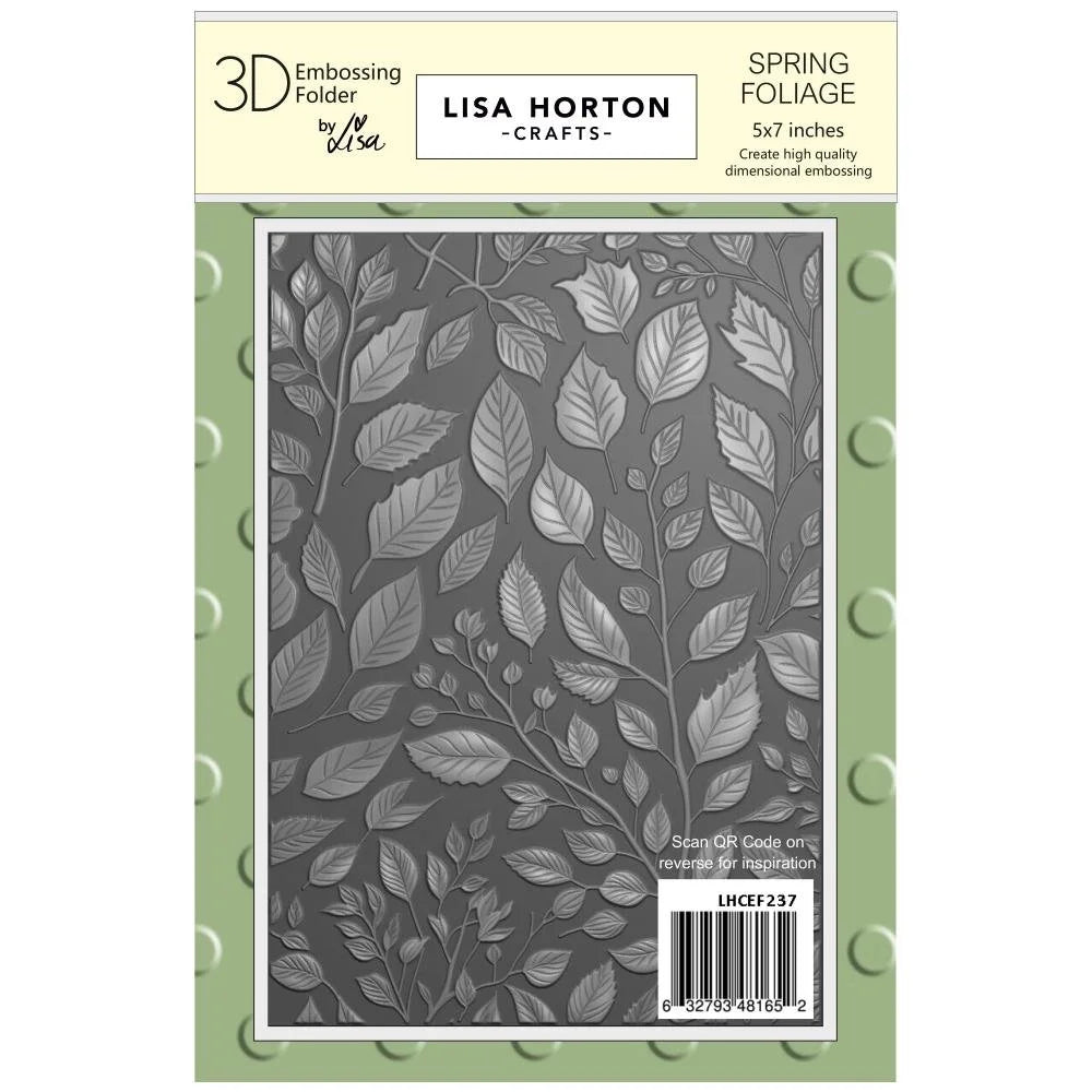 3D embossing folder by Lisa Horton Crafts with leaf pattern on a green background spring foliage
