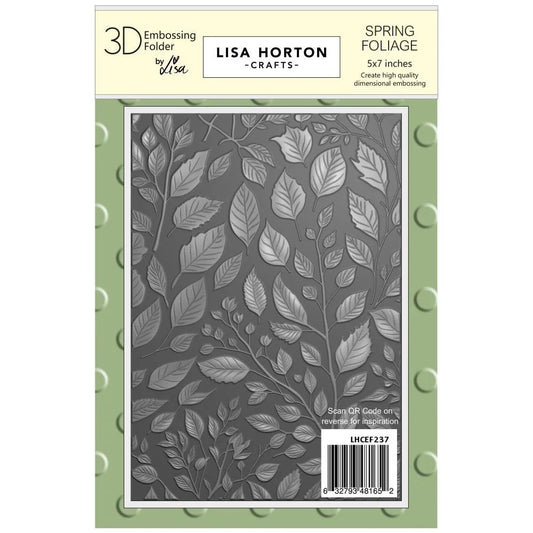 3D embossing folder by Lisa Horton Crafts with leaf pattern on a green background spring foliage