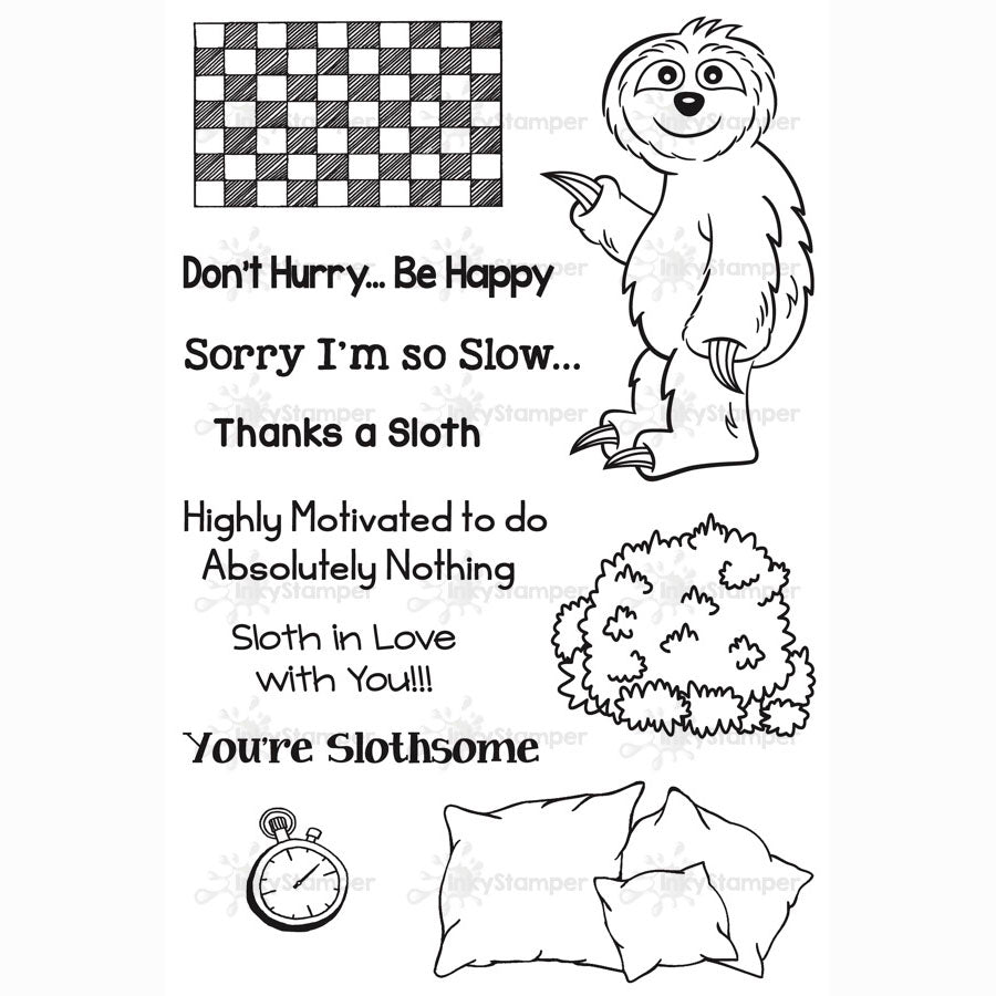 InkyStamper stamp Cartoon sloth with humorous text and symbols on a white background