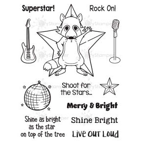 InkyStamper stamp set Black and white illustration of a star-shaped character with musical instruments and text on a white background
