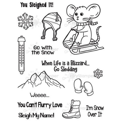 InkyStamper stamp Set of black and white winter-themed stamps with text and illustrations on a white background.