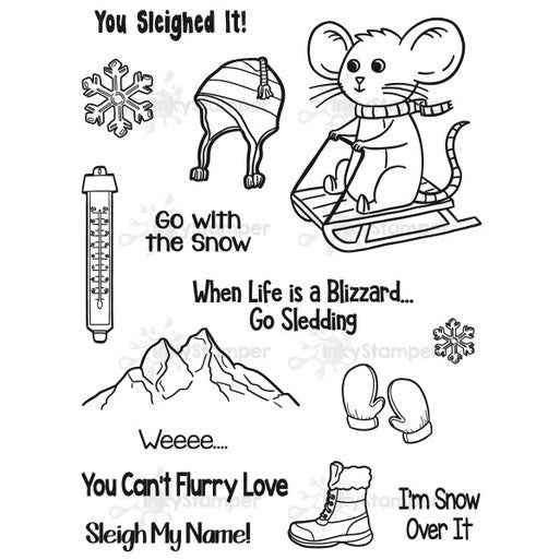 InkyStamper stamp Set of black and white winter-themed stamps with text and illustrations on a white background.