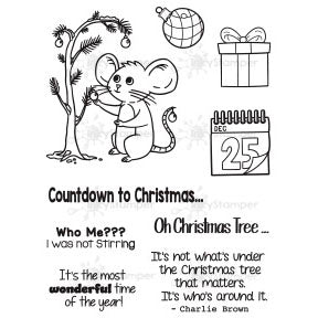 InkyStamper stamp set Cartoon mouse with Christmas tree and gift, text 'Countdown to Christmas', and 'Oh Christmas Tree' quote.