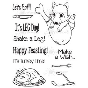 InkyStamper stamp Black and white illustration with text and a cartoon racoon, turkey, and bone. turkey leg