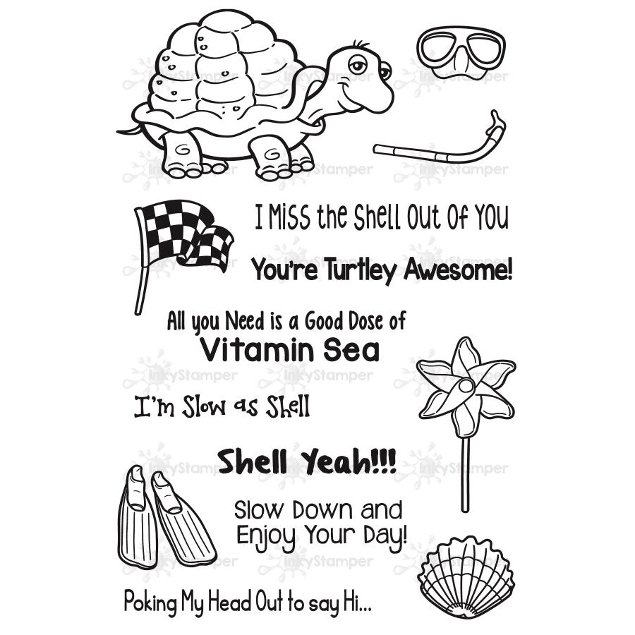 InkyStamper stamp Set of black and white turtle-themed illustrations with text on a white background