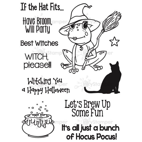InkyStamper stamp set Halloween-themed rubber stamp set with text and illustrations on a white background