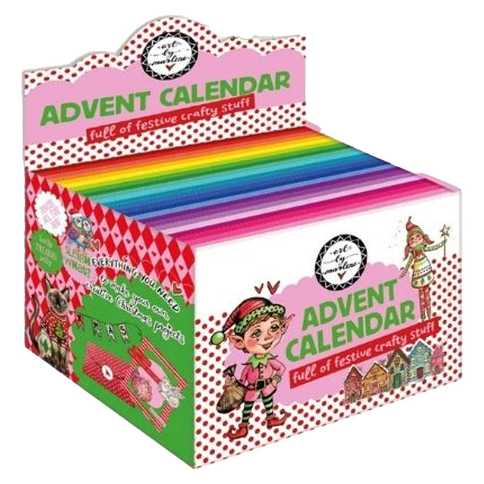 An advent calendar display box filled with colorful craft sticks or strips, shown on a plain white background. The box is decorated with festive elf illustrations, red-and-white polka dots, and large green and pink text reading 'ADVENT CALENDAR' and 'full of festive crafty stuff.