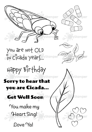 InkyStamper presents the Bug Jar Line.  This cute Cicada stamp set comes with accessories and sentiments