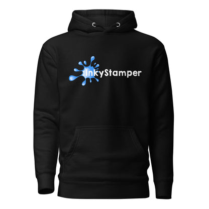 A black pullover hoodie with a front kangaroo pocket and drawstring hood, featuring a blue ink splash logo and the word 'InkyStamper' printed on the chest, shown against a plain white background.